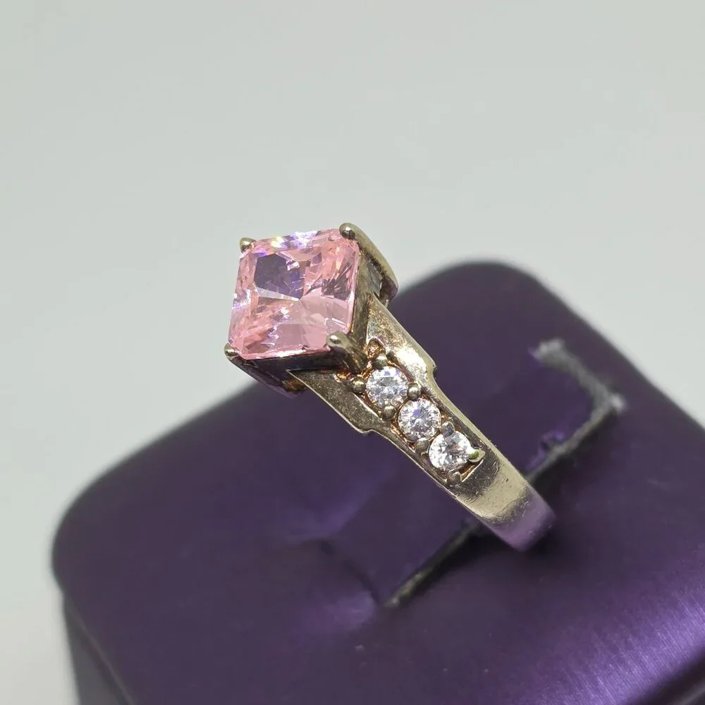 Vintage Sterling Silver Ring with Princess Cut Pink Solitaire Cubic Zirconia